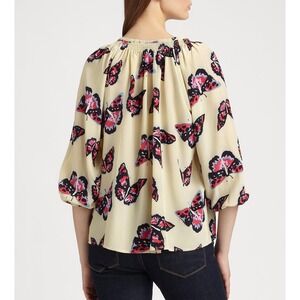 Tucker 100% Silk Butterfly Print Blouse Size‎ XS Smocked Lightweight Sheer Chic